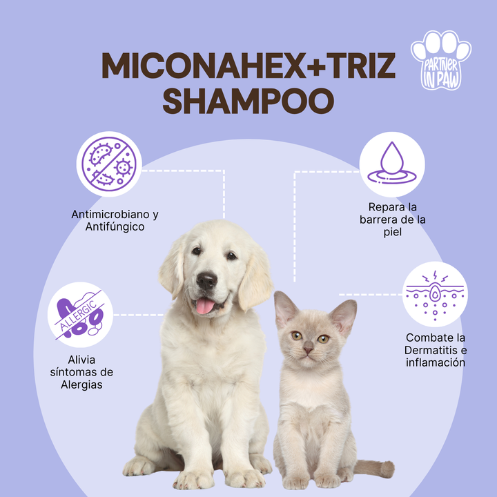 MiconaHex+Triz Shampoo | Shampoo para tratar dermatitis e infecciones por hongos y/o bacterias en la piel de perros, gatos y caballos.